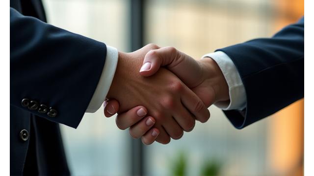 Close-up of two hands shaking firmly over a stylized graphic of interconnected gears, representing collaboration and professional partnership.
