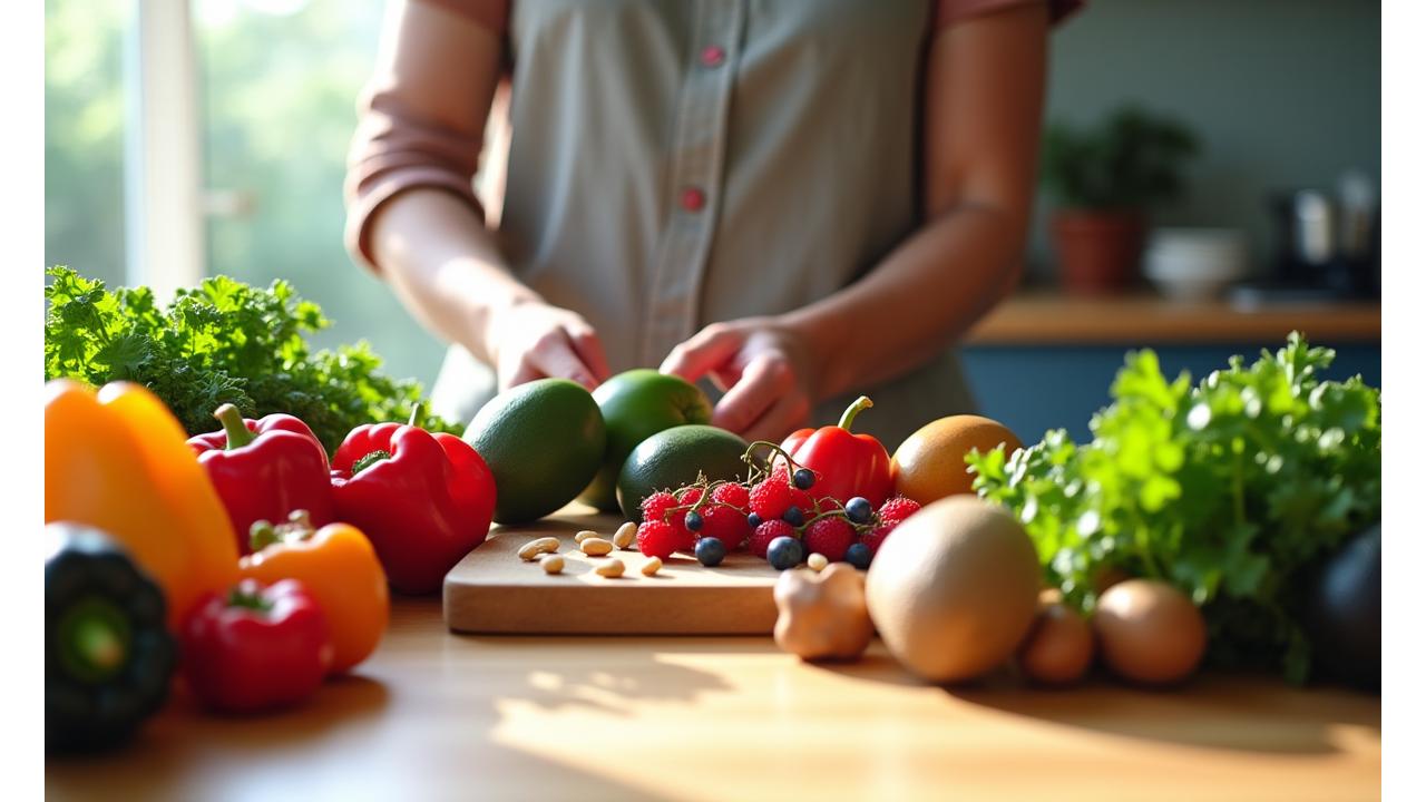 Fresh, vibrant ingredients for a healthy meal on a clean wooden table, with hands preparing food.
