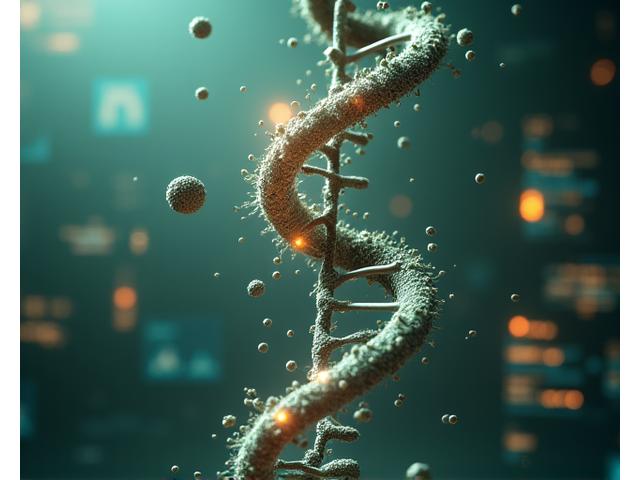 Illustration of DNA double helix intertwined with nutrient molecules and scientific graphs, symbolizing longevity science.