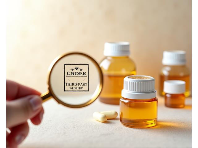 Diverse bottles of supplements with a magnifying glass examining a 'third-party tested' label.