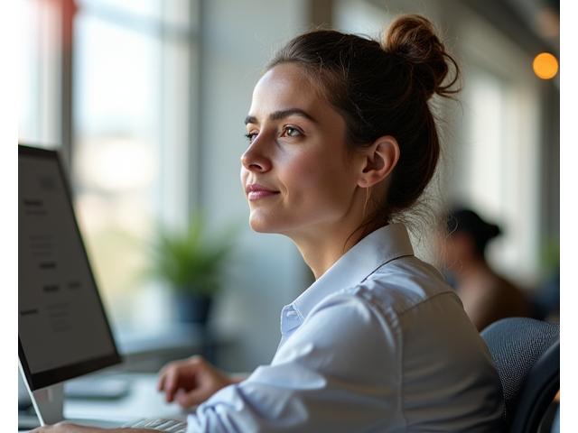 A serene professional, possibly in an Austin office, subtly performing a quick stress relief technique like deep breathing or a brief stretch, with a calm, focused expression.