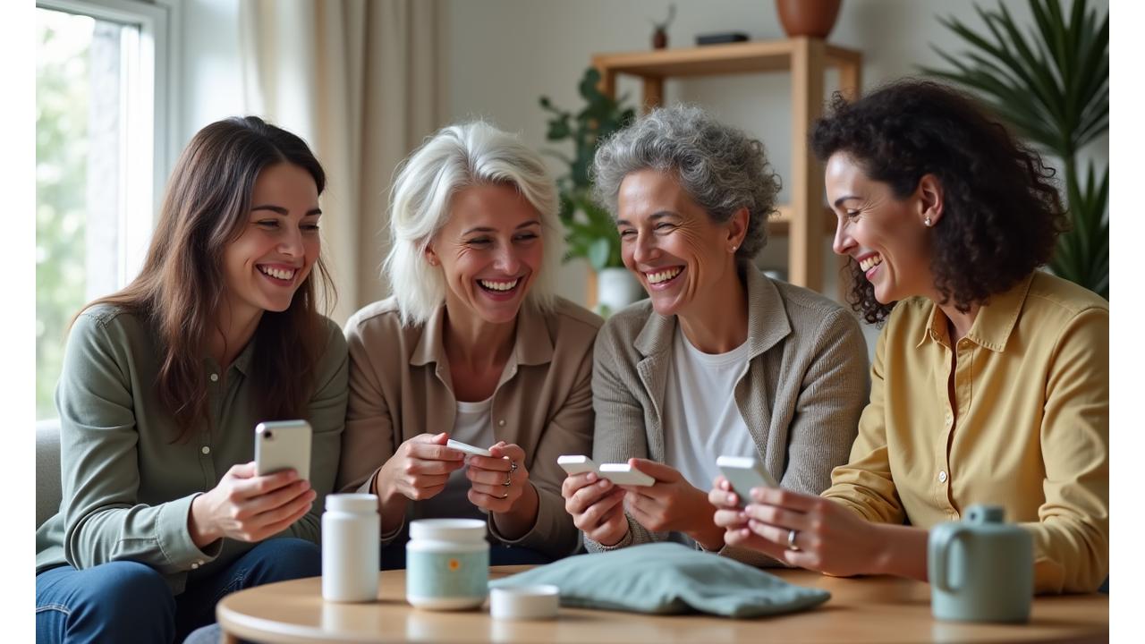 A diverse group of adults (35+) smiling and looking engaged, each holding a different small wellness product or device, symbolizing discovery and satisfaction.